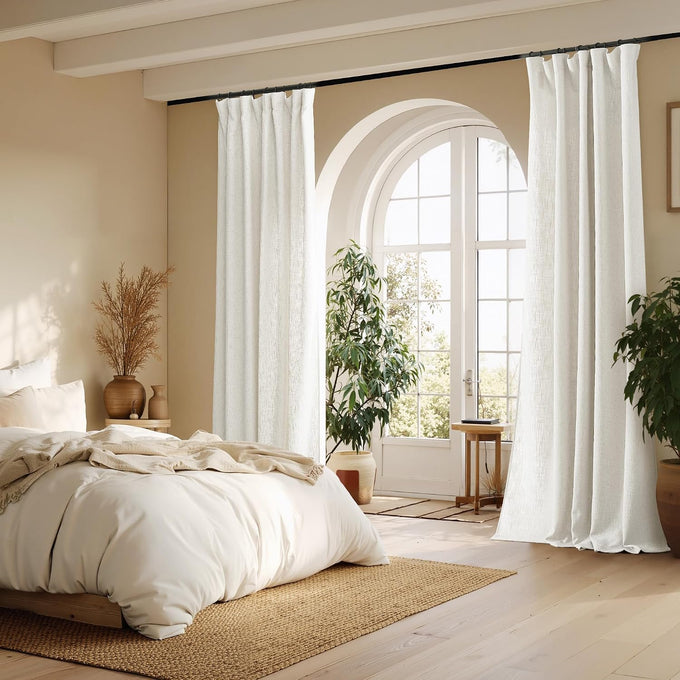 NICETOWN Thick Linen Curtains 96 Inches Long for Living Room 2 Panels Set, Back Tab/Rod Pocket with Pleat Tape Privacy Added Window Treatments for Farmhouse/Bedroom, Vanilla, W55 x L96
