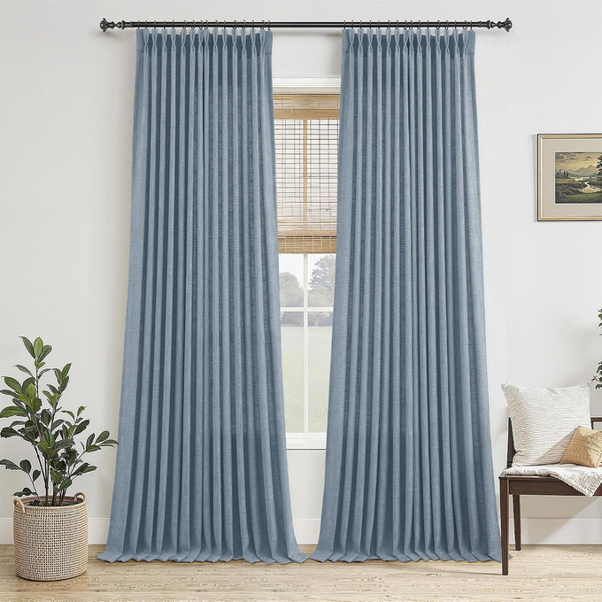 Jowels Blue Pleated Thick Linen Curtains 90 Inch Long for Living Room