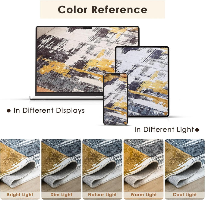 VK·LIVING Machine Washable Rug 6'x9' Abstract Washable Area Rugs for Living Room Non Slip Rugs for Bedroom Modern Woven Boho Rug Soft Carpet for Kitchen, Dining (Gold Brushstroke)