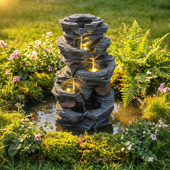 Giantex 3-Tier Outdoor Water Fountain with Lights, 18.5 Inch Cascading Bowls Tabletop Fountain with Pump, Resin Garden Waterfall Feature for Indoor Outdoor Patio, Yard, Porch Decor