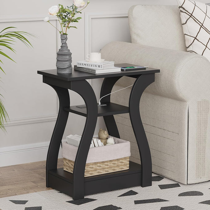 FROMJBEST End Tables Living Room Set of 2 with Charging Station, Black