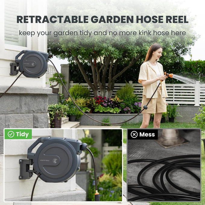Giraffe Tools Retractable Garden Hose Reel 1/2"78FT Metal Bracket