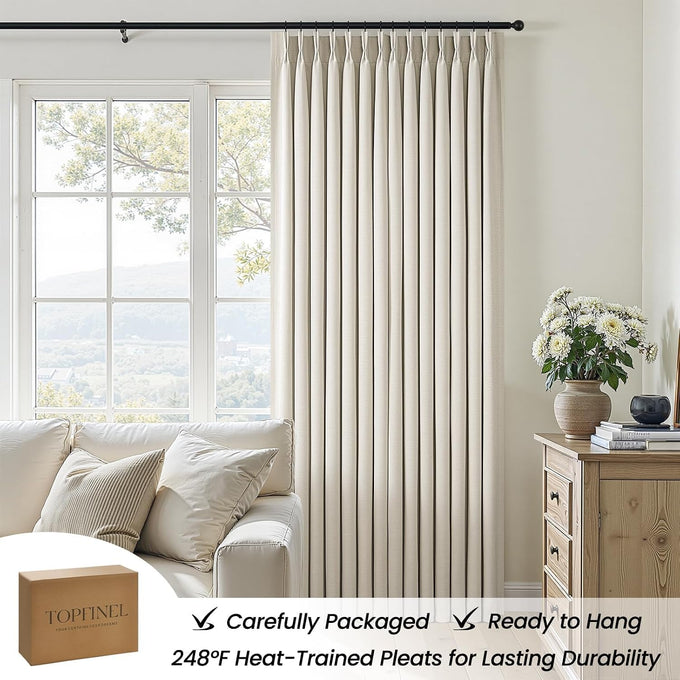 Topfinel 108 Inch Long Pinch Pleated Blackout Curtains for Living Room, Natural Linen Thick Linen Pleat Drapes for French Door Decoration, Cozy Rustic American Window Treatment Cream Beige 52"W*108"L