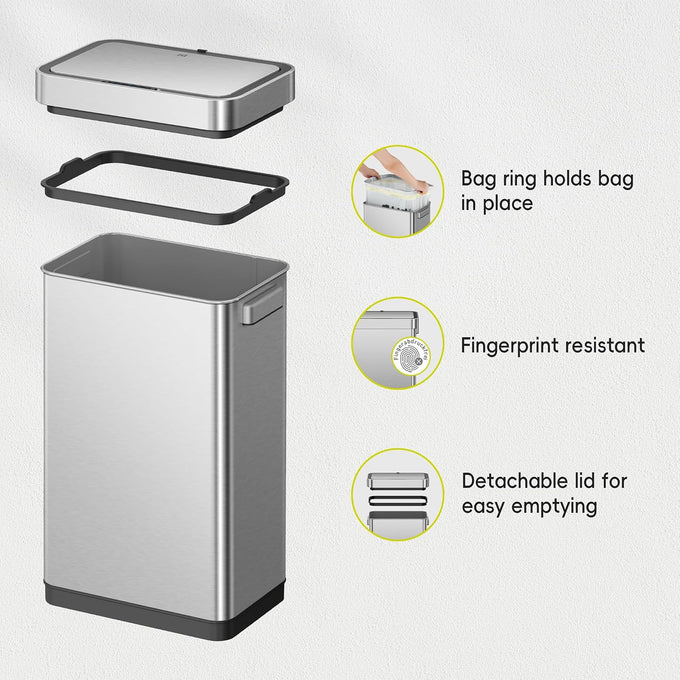 EKO Deluxe Mirage-T 50 Liter / 13.2 Gallon Touchless Rectangular Motion Sensor Trash Can or Recycling Bin, Matte Stainless Steel Finish