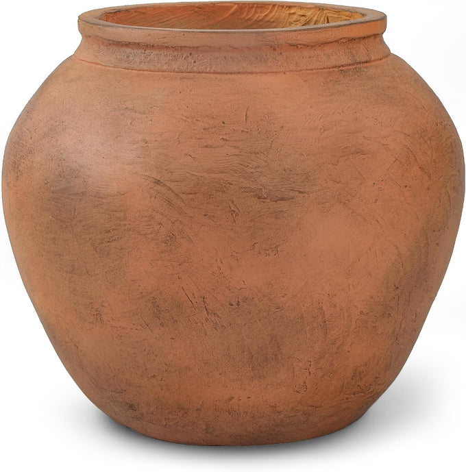 14" H x 17" Dia Distressed Terracotta Fiberstone Planter with Drainage Hole, Lightweight Flower Pot for Olive Trees & Houseplants, Indoor Outdoor Patio, Porch, Garden & Entryway Décor