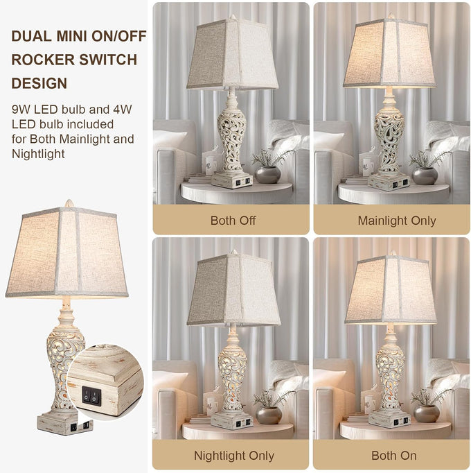 LuxSight Collection 28.5" Table Lamps Set of 2 with Nightlight for Bedroom