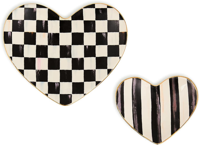 MACKENZIE-CHILDS Set of 2 Ceramic Trinket Dishes, Decorative Bowls and Jewelry Holders, Pink-and-White Rosy Heart