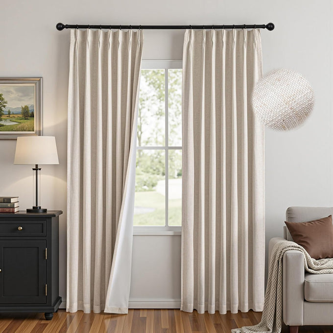MYSKY HOME Olive Green Linen Pinch Pleated 100% Blackout Curtains 40Wx84L