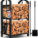 AMAGABELI GARDEN & HOME Firewood Rack Indoor with Tools 5-Piece Fireplace Tools Set Wood Holder Outdoor Wrought Iron Log Holder Firewood Storage Rack for Fireplace,Fire Pit,Wood Stove Black