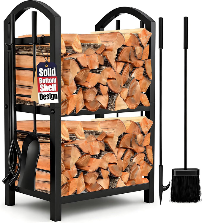 AMAGABELI GARDEN & HOME Firewood Rack Indoor with Tools 5-Piece Fireplace Tools Set Wood Holder Outdoor Wrought Iron Log Holder Firewood Storage Rack for Fireplace,Fire Pit,Wood Stove Black