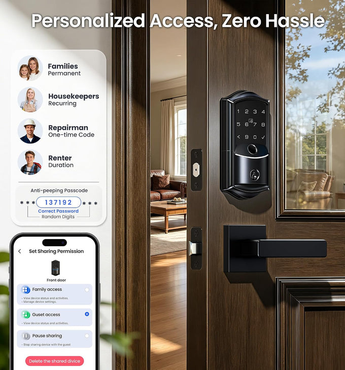 Veise VE027-L WiFi Smart Lock with Handles Set for Front Door, Matte Black