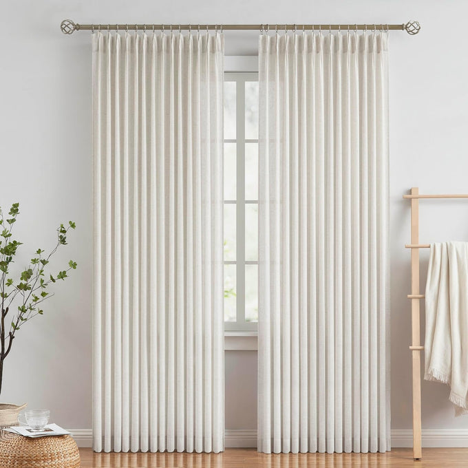 Vision Home Natural Linen Pinch Pleated Semi Sheer Curtains 42Wx90Lx2