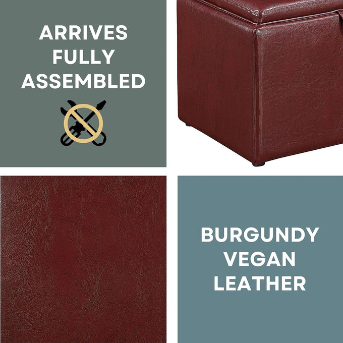 Convenience Concepts Designs4Comfort Accent Storage Ottoman 22.75" - Modern Foot Stool with Decorative Tray for Living Room, Dining Room, Office, Burgundy Faux Leather