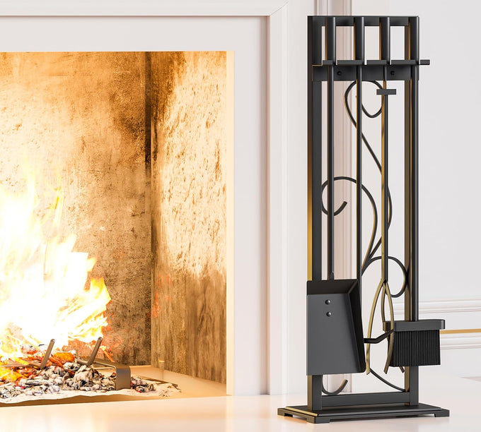 Kingson 5-Piece Heavy Duty Wrought Iron Fireplace Tool Set - Durable Indoor & Outdoor Fireplace Accessories with Decorative Black Finish - Stylish and Functional Hearth Décor for Fireplaces