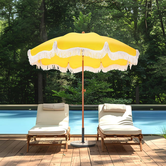7ft Patio Beach Umbrella with Fringe, Outdoor Umbrella for Poolside, Yellow