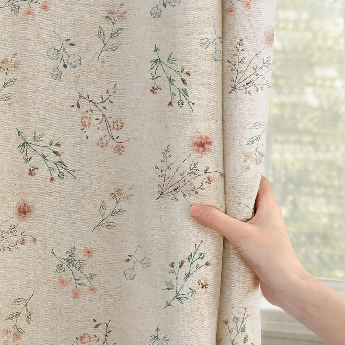 Boho Floral 100% Blackout Curtains 84 Inch 2 Panels Linen Texture