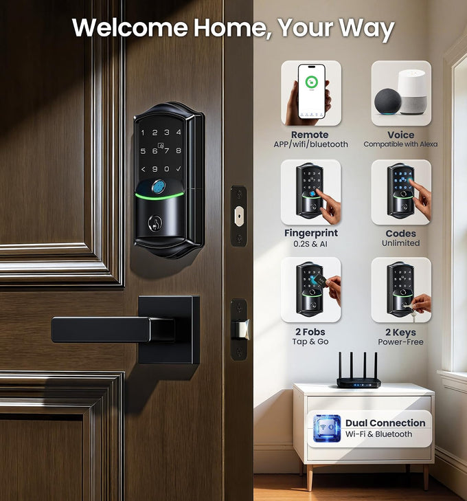 Veise VE027-L WiFi Smart Lock with Handles Set for Front Door, Matte Black