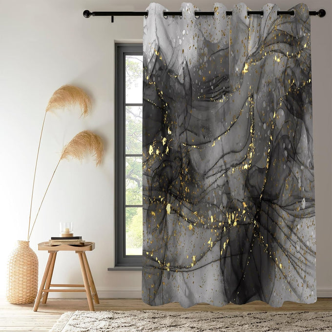 Grey Black Gold Ink Marble Blackout Window Curtains 2 Panels 84" L x 53" W
