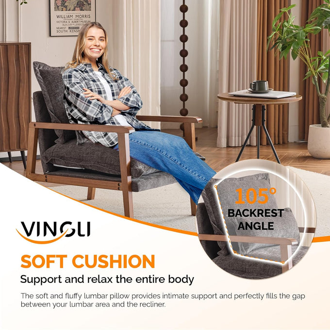 VINGLI Mid-Century Modern Cloud Accent Armchair with Lumbar Pillow, 6.3'' Thick Seat Cushion Comfortable Reading Chair with Wooden Armrests，Boho Lounge Chair for Bedroom, Living Room, Chenille, Grey