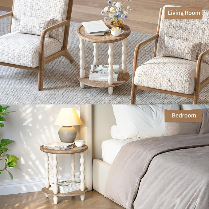 karlott Round Side Table, 2-Tier Farmhouse End Tables Living Room, Beige