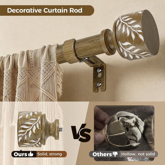 2 Pack Boho Wood Curtain Rods for Windows 32 to 150 Inch, 1" Adjustable Heavy Duty Curtain Rod with Imitation Wooden Grain Leaf Finials, Rustic Decorative Drapery Rods, Size 32"-150", Weathered Wood
