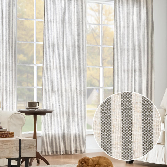 jinchan Linen Curtains 84" Charcoal Grey Stripe on Beige Back Tab 4 Panels