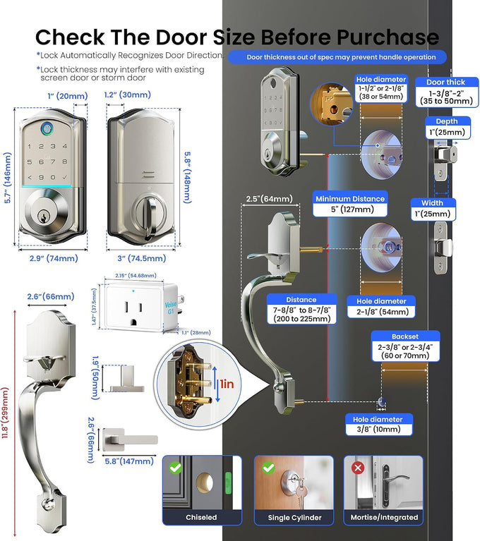 Veise VE017G-H Wi-Fi Smart Door Lock Deadbolt with Handle Set, Satin Nickel