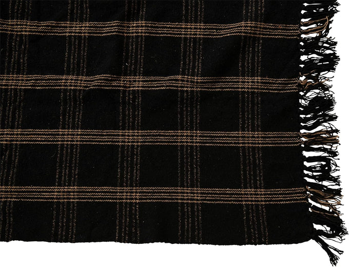 Plaid Black & Tan Fringed Woven Cotton Blend Throw