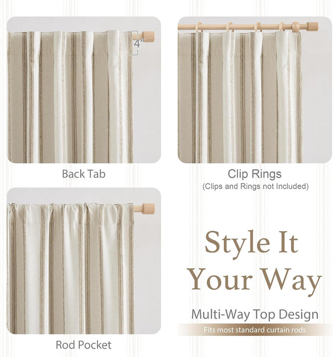 DriftAway 100% Blackout Farmhouse Linen Chenille Stripe Drapes Camel Beige
