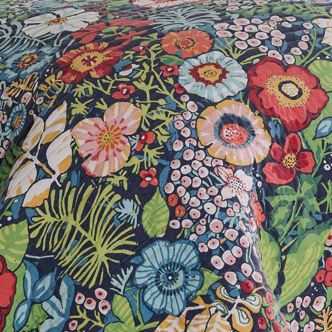 Levtex Home - Night Garden Quilt Set - King Quilt and Two King Shams - Bold Floral - Navy Red Pink Green Ochre White - Quilt (106x92in.) and Shams (20x36in.) - Reversible - Cotton