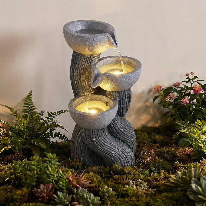 Giantex 3-Tier Outdoor Water Fountain with Lights, 18.5 Inch Cascading Bowls Tabletop Fountain with Pump, Resin Garden Waterfall Feature for Indoor Outdoor Patio, Yard, Porch Decor