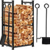 AMAGABELI GARDEN & HOME 31in Large Firewood Rack With Fireplace Tools Set Wrought Iron Indoor Outdoor Kindling Log Holder Heavy Duty Wide Wood Storage Log Rack Accessories Shovel Poker Tongs Broom