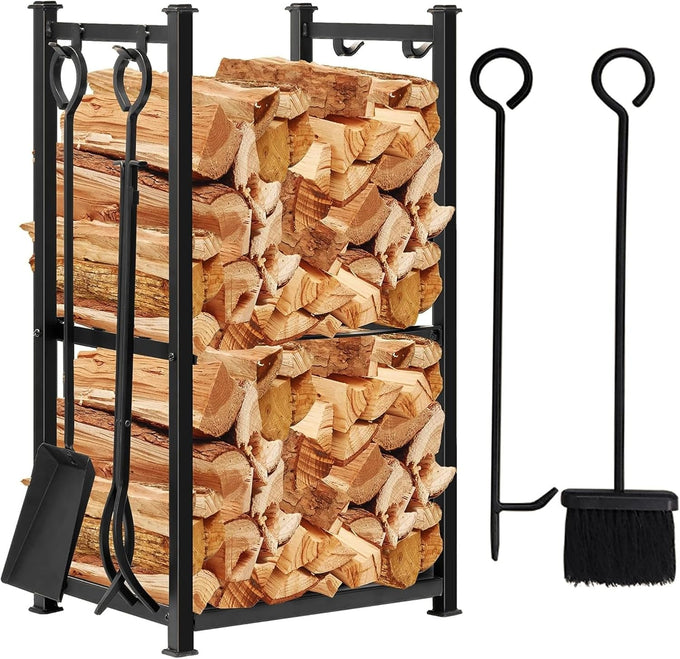 AMAGABELI GARDEN & HOME 31in Large Firewood Rack With Fireplace Tools Set Wrought Iron Indoor Outdoor Kindling Log Holder Heavy Duty Wide Wood Storage Log Rack Accessories Shovel Poker Tongs Broom