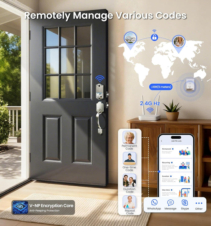 Veise VE017G-H Wi-Fi Smart Door Lock Deadbolt with Handle Set, Satin Nickel