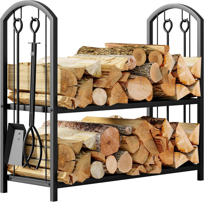Fire Beauty Wrought Iron Firewood Log Rack with 4 Pcs Fireplace Tools Black