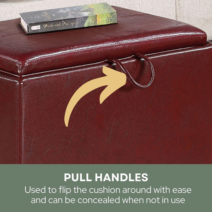 Convenience Concepts Designs4Comfort Accent Storage Ottoman 22.75" - Modern Foot Stool with Decorative Tray for Living Room, Dining Room, Office, Burgundy Faux Leather