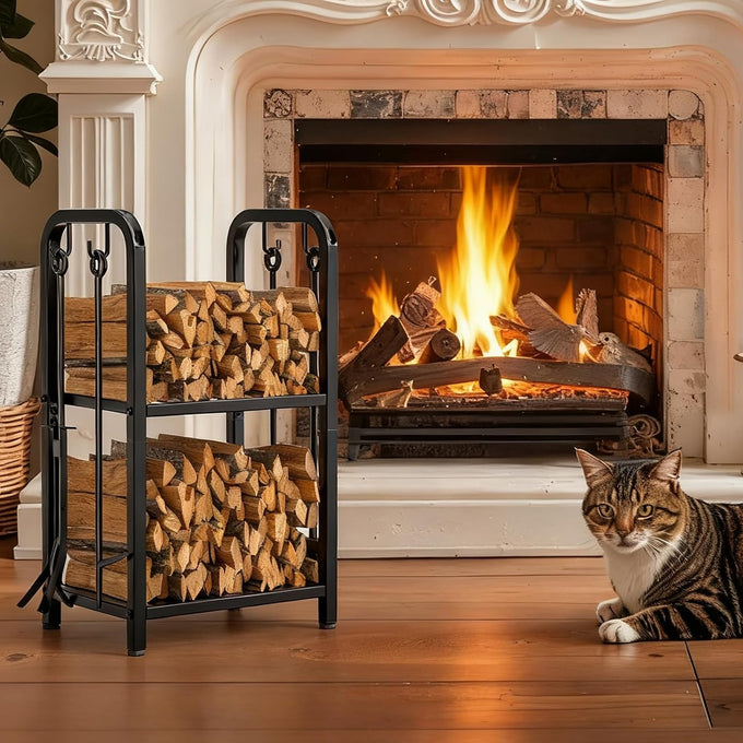 Vailge Firewood Rack Indoor with 4 Pieces Long&Detachable Fireplace Tools, Heavy Duty Steel 2-Tier Firewood Holder Storage, Log Rack for for Fireplace, Fire Pit, Wood Stove Black