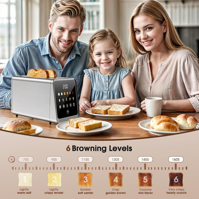 Smart Toaster 2 Slice with Touchscreen, 900W Stainless Steel Wide Slot 1.5 Inch, BreadID Tech Live Countdown Timer, Memory Function, Defrost Reheat for Bagel Waffle Bread, Kitchen Essentials