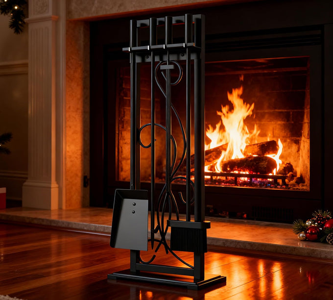 Kingson 5-Piece Heavy Duty Wrought Iron Fireplace Tool Set - Durable Indoor & Outdoor Fireplace Accessories with Decorative Black Finish - Stylish and Functional Hearth Décor for Fireplaces