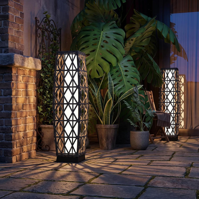 Solar Yard Outdoor Floor Lamp Solar Lantern Waterproof Wicker Boho Deck Lights for Garden Porch Decor, Large Cindy