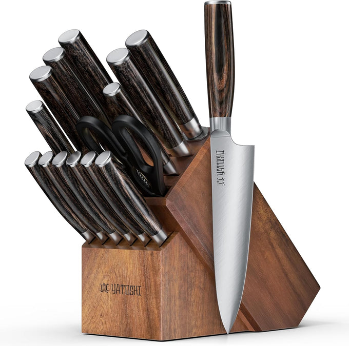 Yatoshi Professional Kitchen Knife Set, 15 Pieces, High Carbon Stainless Steel, Ergonomic Handle