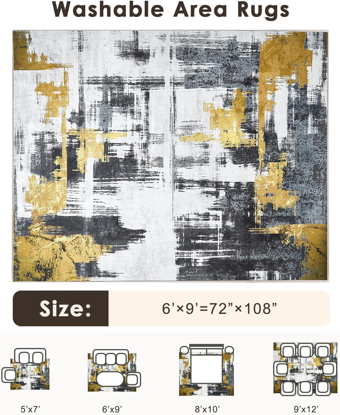 VK·LIVING Machine Washable Rug 6'x9' Abstract Washable Area Rugs for Living Room Non Slip Rugs for Bedroom Modern Woven Boho Rug Soft Carpet for Kitchen, Dining (Gold Brushstroke)