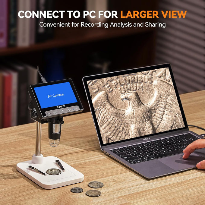 Elikliv Microscope, LCD Digital Coin Microscope 1000x, Coin Magnifier with 8 Adjustable LED Lights, PC View Compatible with Windows/MacBook, EDM4, 4.3-Inch