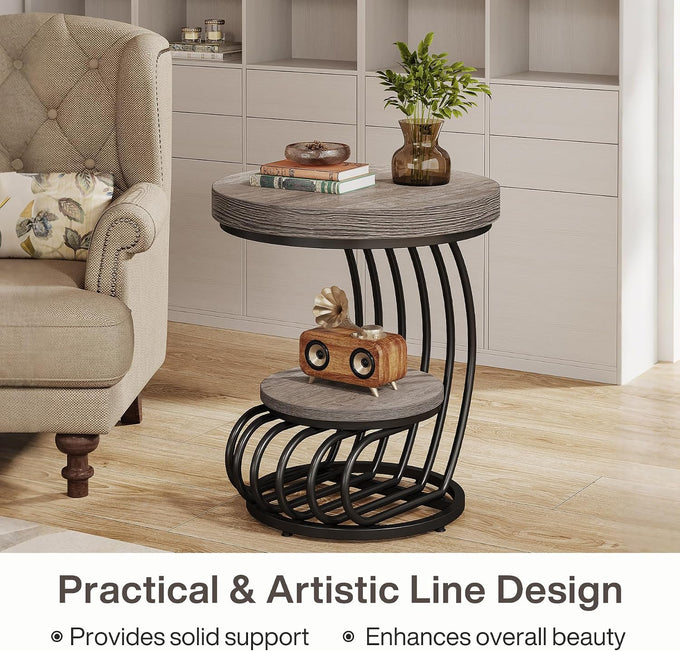 Tribesigns Round End Table, 2-Tier Farmhose Wood Side Table with Shelf Storage, Small Sofa Side Bedside Nightstand, Arc-Shaped Frame Accent Furniture for Living Room, Grey