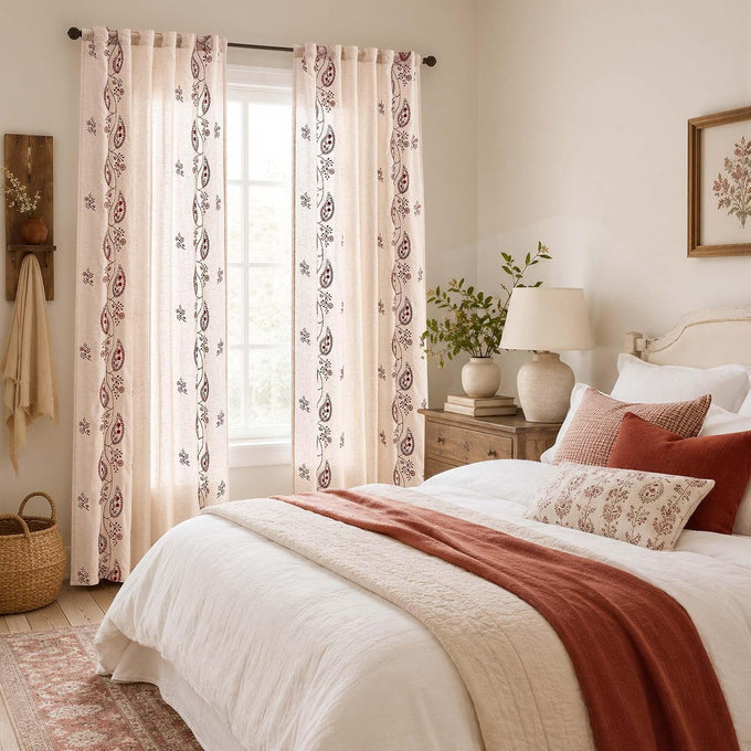 jinchan Linen Curtains 96 Inch Terracotta Floral Drapes Back Tab 2 Panels