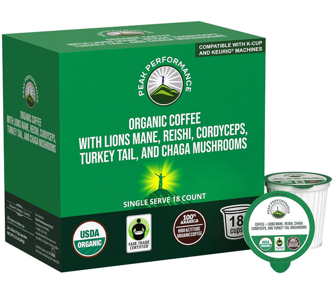 Peak Performance Organic Coffee Pods. Compatible w/K-Cup + Keurig Machines