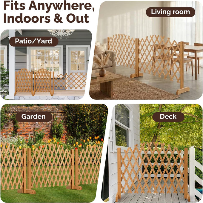 VINGLI 2Pcs Expandable Garden Fence with Arched Top, 31.5in Freestanding Lattice Fence, Solid Wood Retractable Trellis, Instant Room Divider, Extentable Pet Gate for Home Patio Yard (Teak)
