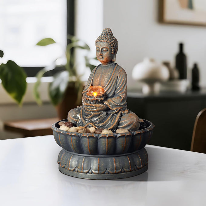 Kalona Tabletop Water Fountain with Buddha, LED Light Indoor Waterfall
