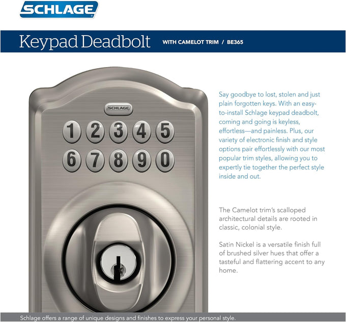 Schlage Electronic Keypad Deadbolt Lock, Camelot Trim, Matte Black