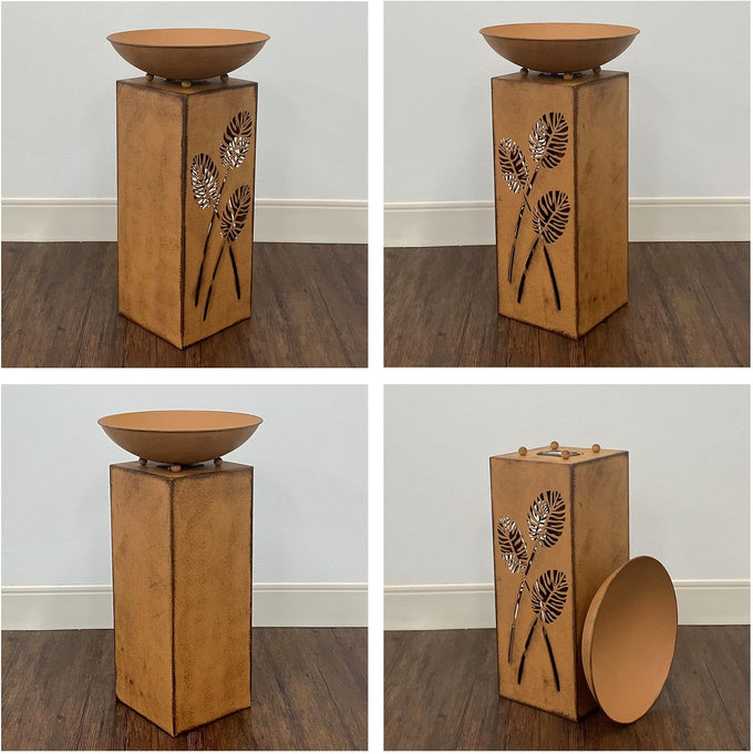 Westcharm Rustic LED Pillar with Planter Dish Bowl and Timer - Decorative Column with Leaves Motif for Home Yard Patio Outdoors